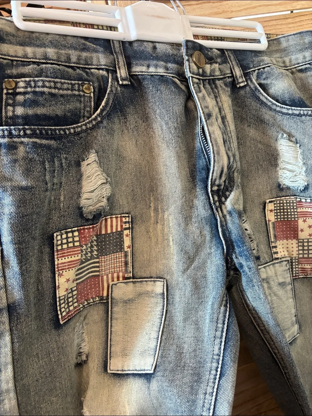 Men's Distressed Blue Denim Shorts with Patchwork 34